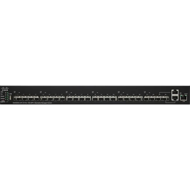 Cisco SG550XG-24F 24-Port 10G SFP+ Stackable Managed Switch - Manageable - 10 Gigabit Ethernet - 10GBase-X - Refurbished - 3 Layer Supported - Modular - 77.50 W Power Consumption - Optical Fiber - Rack-mountable, Desktop - Lifetime Limited Warranty