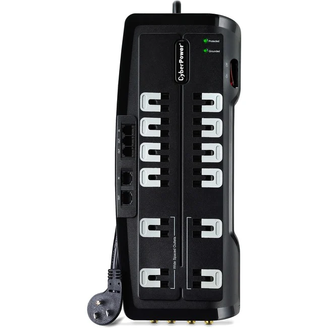 CyberPower CSHT1208TNC2 Home Theater 12 - Outlet Surge with 3150 J - Clamping Voltage 800V, 8 ft, NEMA 5-15P, Right Angle - 45° Offset, 15 Amp, EMI/RFI Filtration, Black, Data Protection, RG6 Coaxial Protection, Lifetime Warranty