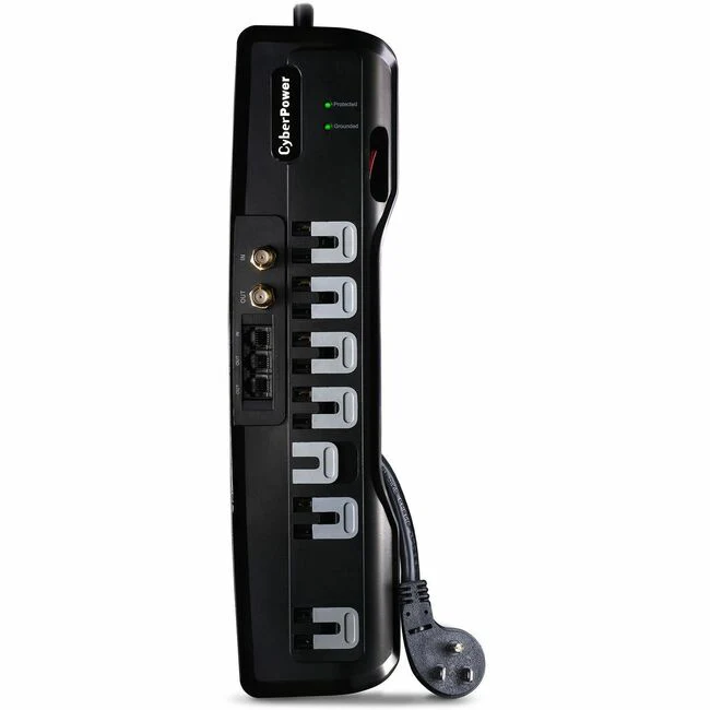 CyberPower CSHT706TC Home Theater 7 - Outlet Surge with 1950 J - Clamping Voltage 800V, 6 ft, NEMA 5-15P, Right Angle - 45&deg; Offset, 15 Amp, EMI/RFI Filtration, Black, RG6 Coaxial Protection, Lifetime Warranty