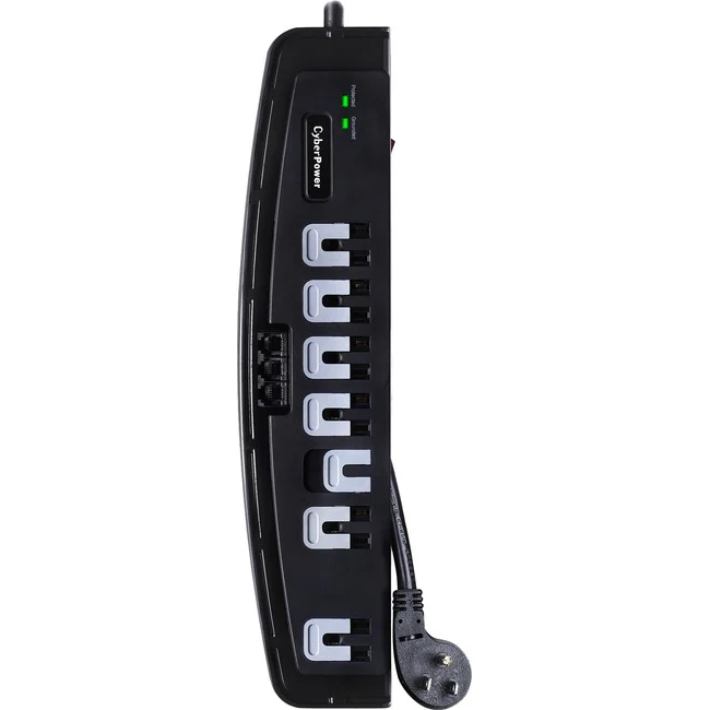 CyberPower CSP708T Professional 7 - Outlet Surge with 1650 J - Clamping Voltage 400V, 8 ft, NEMA 5-15P, Right Angle - 45° Offset, 15 Amp, EMI/RFI Filtration, Black, Lifetime Warranty