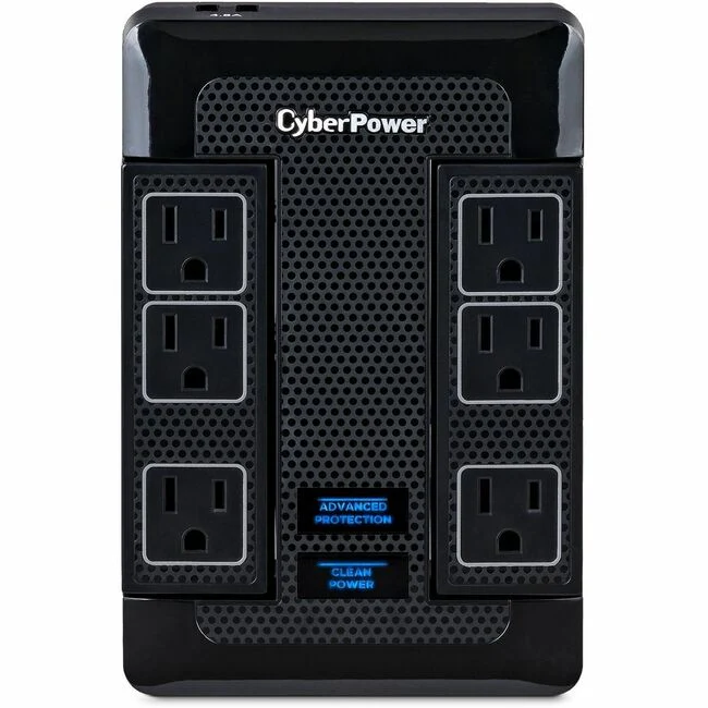 CyberPower HT600WSU2A Premier Home Theater 6 - Outlet Surge with 1680 J - Clamping Voltage 500V, NEMA 5-15P, Wall Tap, 15 Amp, 2 - 4.8 Amps (Shared) USB, EMI/RFI Filtration, Black, RG6 Coaxial Protection, Lifetime Warranty