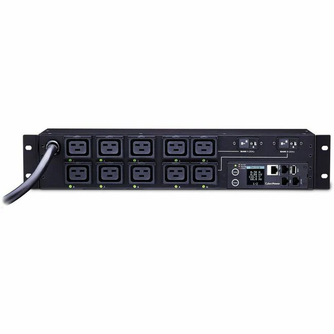 CyberPower PDU81009 200 - 240 VAC 30A Switched Metered-by-Outlet PDU - 10 Outlets, 12 ft, NEMA L6-30P, Horizontal, 2U, LCD, 3YR Warranty