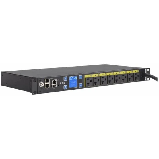 Eaton Managed rack PDU, 1U, 5-20P, L5-20P input, 1.44 kW max, 120V, 12A, 10 ft cord, Single-phase, Outlets: (8) 5-20R - Switched - NEMA 5-20P - 8 x NEMA 5-15R - 120 V AC - 1440 W - Network (RJ-45) - 1U - Horizontal - Rack-mountable