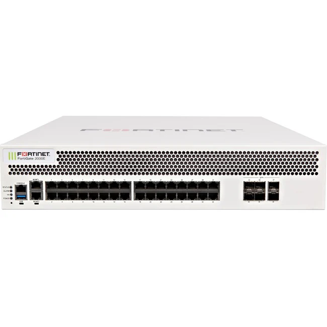 Fortinet FortiGate 2000E Network Security/Firewall Appliance - 34 Port - 1000Base-T, 10GBase-X - 10 Gigabit Ethernet - AES (256-bit), SHA-256 - 10000 VPN - 32 x RJ-45 - 6 Total Expansion Slots - 2U - Rail-mountable, Rack-mountable