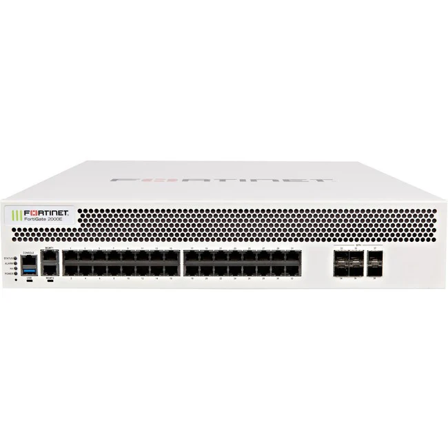 Fortinet FortiGate 2000E Network Security/Firewall Appliance - 34 Port - 10GBase-X, 1000Base-T - 10 Gigabit Ethernet - 11.25 GB/s Firewall Throughput - AES (256-bit), SHA-256 - 30000 VPN - 32 x RJ-45 - 6 Total Expansion Slots - 2U - Rack-mountable, Rail-m