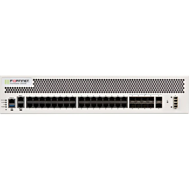 Fortinet FortiGate 2500E Network Security/Firewall Appliance - 32 Port - 10/100/1000Base-T, 10GBase-X - 10 Gigabit Ethernet - AES (256-bit), SHA-256, AES (128-bit) - 32 x RJ-45 - 12 Total Expansion Slots - 2U - Rack-mountable