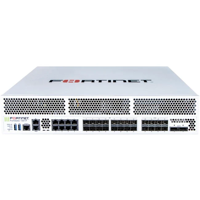 Fortinet FortiGate FG-1001F Network Security/Firewall Appliance - 8 Port - 100GBase-X, 10GBase-T - 100 Gigabit Ethernet - 2.38 GB/s Firewall Throughput - SHA-256, AES (256-bit), RSA - 100000 VPN - 8 x RJ-45 - 26 Total Expansion Slots - 2U - Rack-mountable