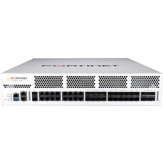 Fortinet FortiGate FG-1800F Network Security/Firewall Appliance - 16 Port - 1000Base-T, 1000Base-X, 40GBase-X, 10GBase-X - 40 Gigabit Ethernet - AES (256-bit), SHA-256 - 10000 VPN - 16 x RJ-45 - 26 Total Expansion Slots - 3 Year 24x7 FortiCare and FortiGu