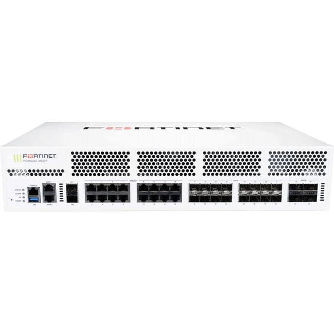 Fortinet FortiGate FG-2600F Network Security/Firewall Appliance - 16 Port - 10GBase-T, 10GBase-X, 1000Base-X, 100GBase-X, 40GBase-X - 100 Gigabit Ethernet - AES (256-bit), SHA-256 - 30000 VPN - 16 x RJ-45 - 22 Total Expansion Slots - 3 Year 24x7 FortiCare