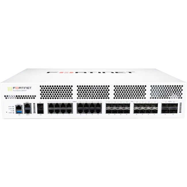 Fortinet FortiGate FG-2601F Network Security/Firewall Appliance - 16 Port - 10GBase-T, 10GBase-X, 1000Base-X, 100GBase-X, 40GBase-X - 100 Gigabit Ethernet - AES (256-bit), SHA-256 - 30000 VPN - 16 x RJ-45 - 22 Total Expansion Slots - 2U - Rack-mountable,