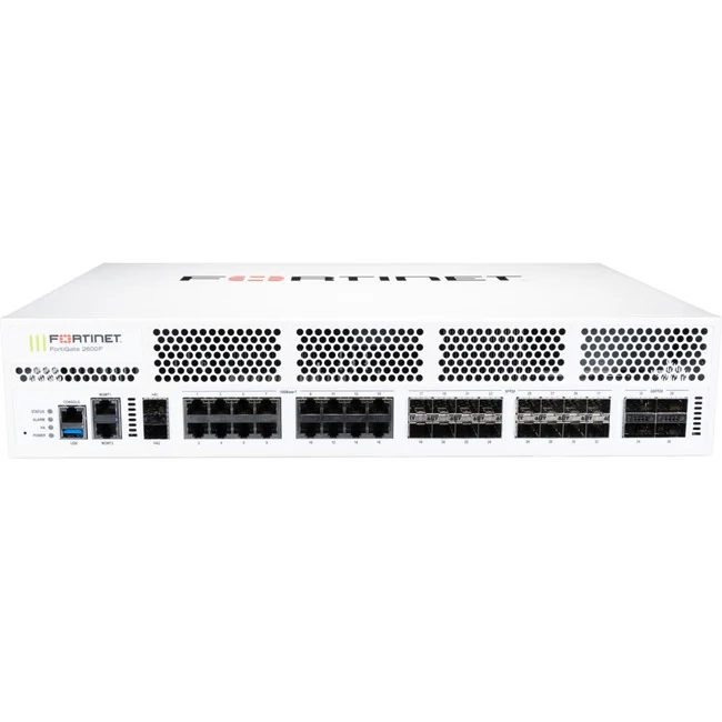 Fortinet FortiGate FG-2601F Network Security/Firewall Appliance - 16 Port - 10GBase-T, 10GBase-X, 1000Base-X, 100GBase-X, 40GBase-X, 1000Base-T - 100 Gigabit Ethernet - AES (256-bit), SHA-256 - 30000 VPN - 16 x RJ-45 - 22 Total Expansion Slots - 1 Year 24