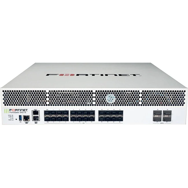 Fortinet FortiGate FG-3401E Network Security/Firewall Appliance - 2 Port - 1000Base-X, 10/100/1000Base-T, 10GBase-X, 40GBase-X, 100GBase-X - 100 Gigabit Ethernet - 30 GB/s Firewall Throughput - AES (256-bit), SHA-256 - 30000 VPN - 28 Total Expansion Slots