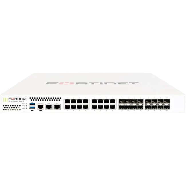 Fortinet FortiGate FG-400E Network Security/Firewall Appliance - 18 Port - 1000Base-X, 10/100/1000Base-T - Gigabit Ethernet - 4 GB/s Firewall Throughput - AES (256-bit), SHA-256 - 5000 VPN - 16 x RJ-45 - 16 Total Expansion Slots - 3 Year 24x7 FortiCare an