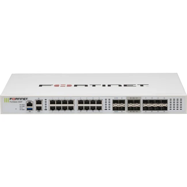 Fortinet FortiGate FG-400F Network Security/Firewall Appliance - 18 Port - 10/100/1000Base-T, 10GBase-X, 1000Base-X - Gigabit Ethernet - 1.50 GB/s Firewall Throughput - AES (256-bit), SHA-256 - 50000 VPN - 18 x RJ-45 - 16 Total Expansion Slots - 1U - Rack