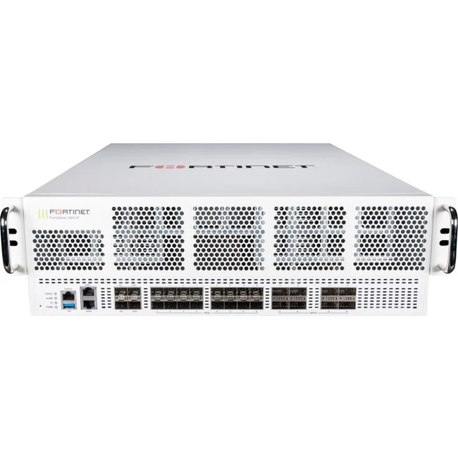 Fortinet FortiGate FG-4201F-DC Network Security/Firewall Appliance - 100GBase-X - 100 Gigabit Ethernet - AES (256-bit), SHA-256 - 30000 VPN - 28 Total Expansion Slots - 3 Year 24x7 FortiCare and FortiGuard Unified Threat Protection (UTP) - 3U - Rack-mount