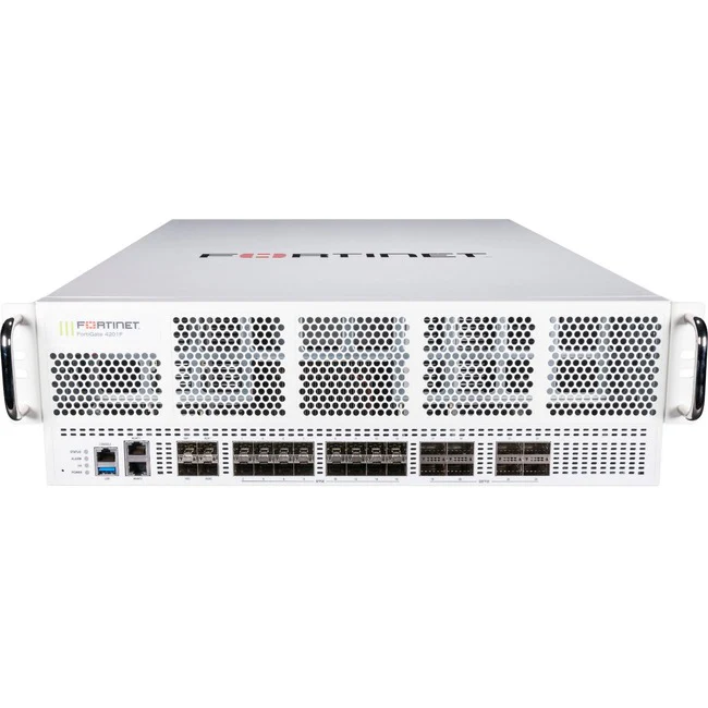 Fortinet FortiGate FG-4201F-DC Network Security/Firewall Appliance - 2 Port - 10/100/1000Base-T, 1000Base-X, 10GBase-X, 40GBase-X, 100GBase-X - 100 Gigabit Ethernet - AES (256-bit), SHA-256 - 30000 VPN - 28 Total Expansion Slots - 3U - Rack-mountable, Rai