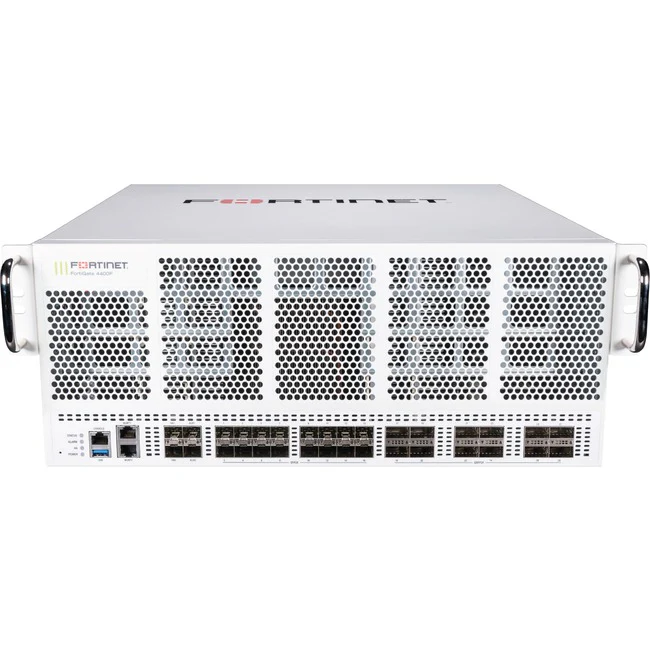 Fortinet FortiGate FG-4400F Network Security/Firewall Appliance - 1000Base-X, 10GBase-X, 40GBase-X, 100GBase-X - 100 Gigabit Ethernet - SHA-256, AES (256-bit) - 30000 VPN - 32 Total Expansion Slots - 3 Year 24x7 FortiCare and FortiGuard UTP - 4U - Rack-mo