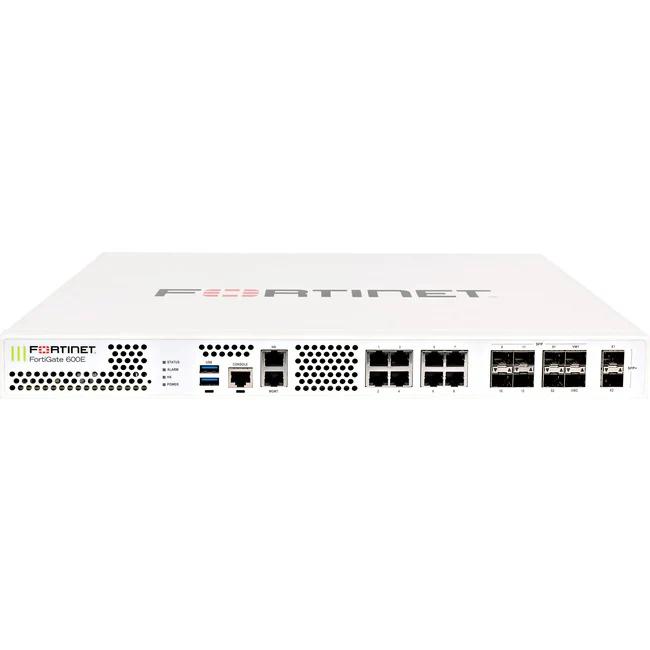 Fortinet FortiGate FG-600E Network Security/Firewall Appliance - Intrusion Prevention - 10 Port - 10/100/1000Base-T, 1000Base-X, 10GBase-X - 10 Gigabit Ethernet - 3.38 GB/s Firewall Throughput - AES (256-bit), SHA-256 - 10000 VPN - 8 x RJ-45 - 10 Total Ex