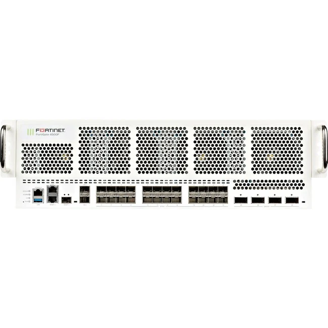 Fortinet FortiGate FG-6500F-DC Network Security/Firewall Appliance - 100GBase-X, 40GBase-X, 10GBase-X - 100 Gigabit Ethernet - AES (256-bit), SHA-256 - 30000 VPN - 30 Total Expansion Slots - 3 Year 24x7 FortiCare and Unified Threat Protection (UTP) - 3U -