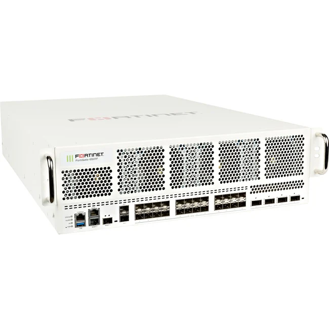 Fortinet FortiGate FG-6501F-DC Network Security/Firewall Appliance - 100GBase-X, 40GBase-X, 10GBase-X - 100 Gigabit Ethernet - AES (256-bit), SHA-256 - 30000 VPN - 30 Total Expansion Slots - 1 Year 24x7 FortiCare and FortiGuard Unified Threat Protection (