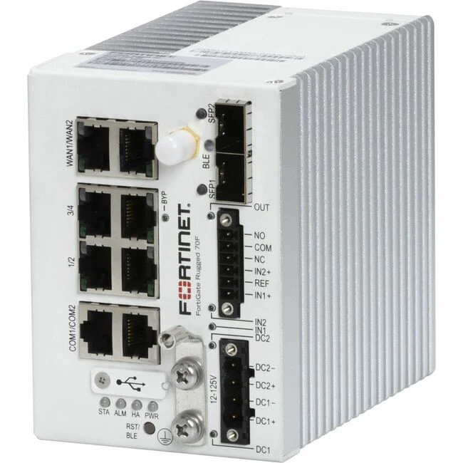 Fortinet FortiGate Rugged FGR-70F Network Security/Firewall Appliance - 6 Port - 10/100/1000Base-T, 1000Base-X - Gigabit Ethernet - 1 GB/s Firewall Throughput - AES (256-bit), SHA-256 - 100 VPN - 6 x RJ-45 - 2 Total Expansion Slots - 5 Year FortiCare Prem