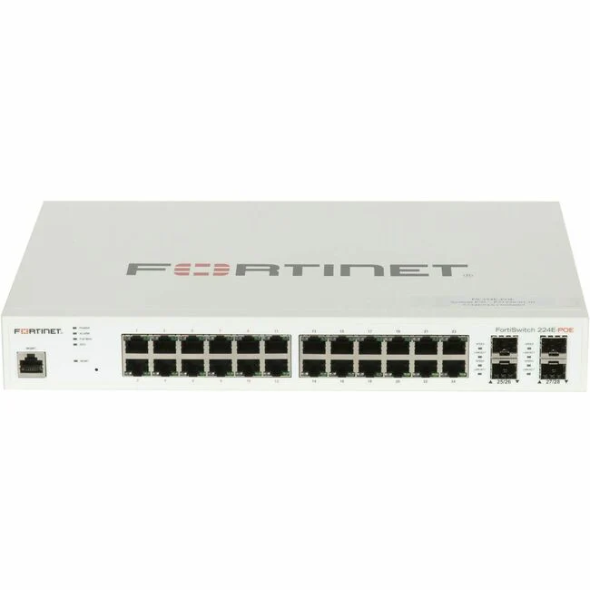 Fortinet FortiSwitch FS-224E-PoE Ethernet Switch - 24 Ports - Manageable - Gigabit Ethernet - 1000Base-X, 10/100/1000Base-T - 3 Layer Supported - Modular - 4 SFP Slots - 223.57 W Power Consumption - 180 W PoE Budget - Optical Fiber, Twisted Pair - PoE Por