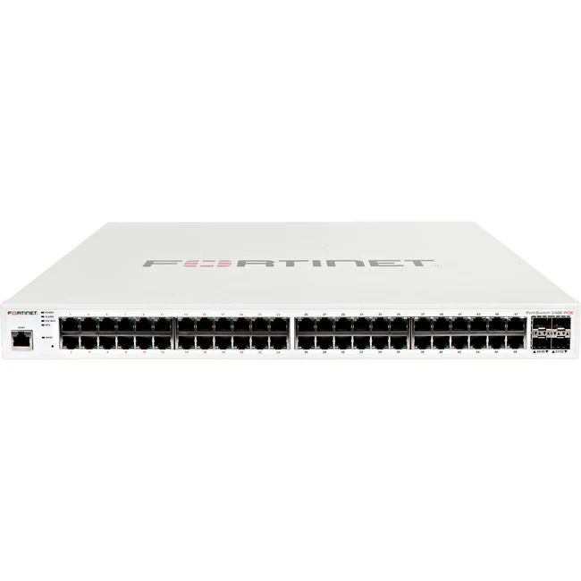 Fortinet FortiSwitch FS-248E-POE Ethernet Switch - 48 Ports - Manageable - 3 Layer Supported - Modular - 4 SFP Slots - 51.60 W Power Consumption - Optical Fiber, Twisted Pair - 1U High - Rack-mountable - Lifetime Limited Warranty