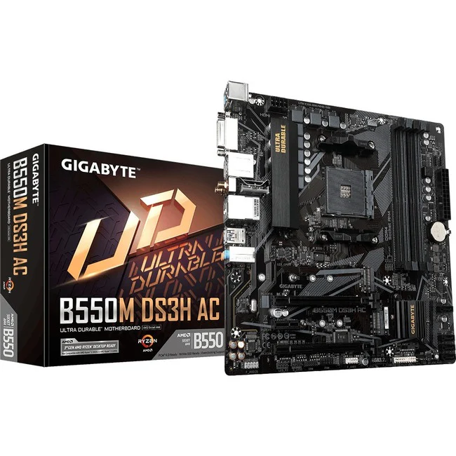 Gigabyte Ultra Durable B550M DS3H AC Gaming Desktop Motherboard - AMD B550 Chipset - Socket AM4 - Micro ATX - Ryzen 3, Ryzen 5, Ryzen Processor Supported - 128 GB DDR4 SDRAM Maximum RAM - DIMM, UDIMM - 4 x Memory Slots - Gigabit Ethernet - IEEE 802.11a/b/