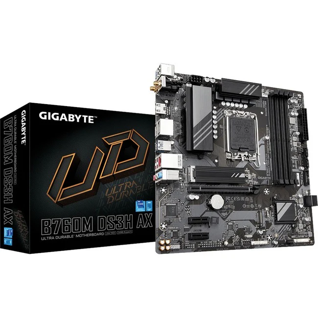 Gigabyte Ultra Durable B760M DS3H AX Gaming Desktop Motherboard - Intel B760 Chipset - Socket LGA-1700 - Micro ATX - Core, Pentium Gold, Celeron Processor Supported - 128 GB DDR5 SDRAM Maximum RAM - UDIMM, DIMM - 4 x Memory Slots - Gigabit Ethernet - IEEE