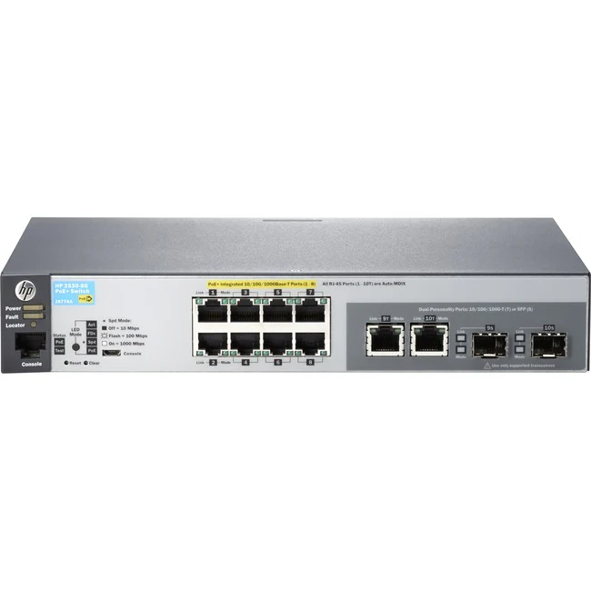 HPE 2530-8G Ethernet Switch - 8 Ports - Manageable - Gigabit Ethernet - 10/100/1000Base-T, 1000Base-X - Refurbished - 2 Layer Supported - 2 SFP Slots - Twisted Pair, Optical Fiber - 1U High - Rack-mountable, Wall Mountable, Desktop - Lifetime Limited Warr
