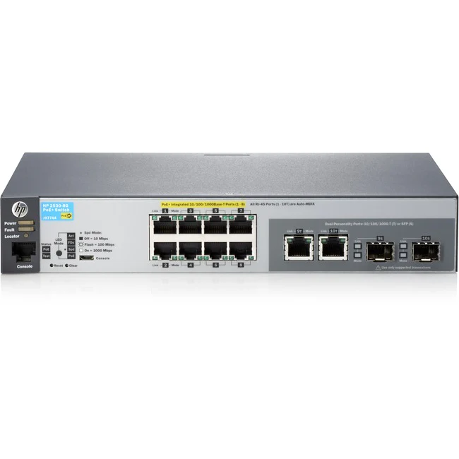 HPE 2530-8G-PoE+ Switch - 10 Ports - Manageable - Gigabit Ethernet - 10/100/1000Base-TX, 1000Base-X - Refurbished - 2 Layer Supported - 2 SFP Slots - Twisted Pair, Optical Fiber - Rack-mountable, Wall Mountable, Desktop