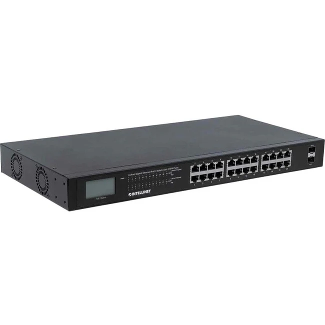 Intellinet 24-Port Gigabit Ethernet PoE+ Switch with 2 SFP Ports and LCD Screen - 24 Ports - Gigabit Ethernet - 10/100/1000Base-T, 1000Base-X - 2 Layer Supported - Modular - 2 SFP Slots - 420 W Power Consumption - 370 W PoE Budget - Twisted Pair, Optical
