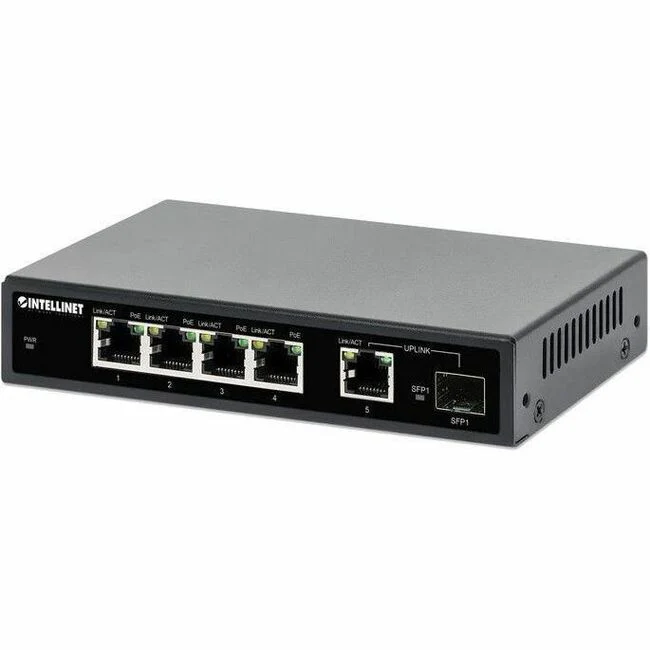 Intellinet 5-Port Gigabit Ethernet PoE+ Switch with SFP Port - 5 Ports - Gigabit Ethernet - 10/100/1000Base-T, 100Base-TX - 2 Layer Supported - 96 W Power Consumption - 91 W PoE Budget - Twisted Pair - PoE Ports - Desktop, Wall Mountable - 3 Year Limited