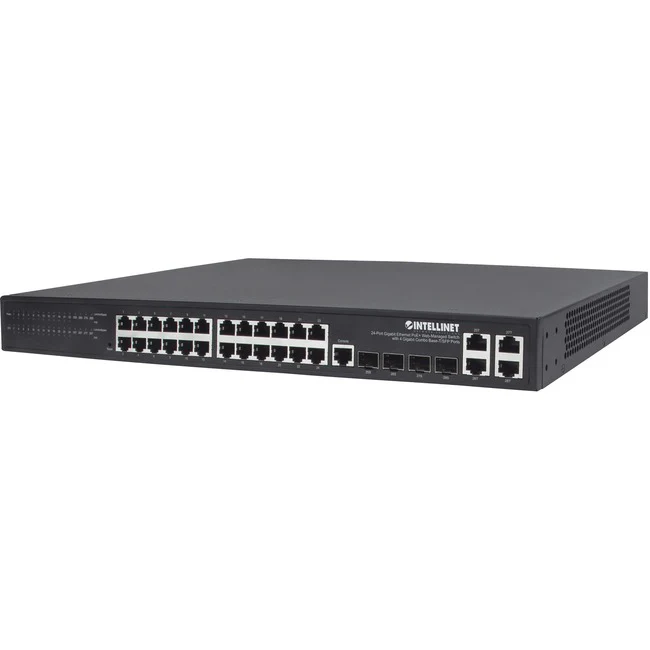 Intellinet Ethernet Switch - 24 Ports - Manageable - Gigabit Ethernet - 1000Base-T, 1000Base-X - 2 Layer Supported - Modular - 4 SFP Slots - 431.70 W Power Consumption - 370 W PoE Budget - Optical Fiber, Twisted Pair - PoE Ports - Rack-mountable, Desktop