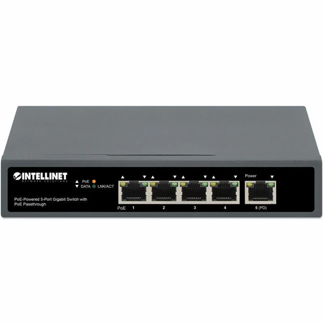 Intellinet PoE-Powered 5-Port Gigabit Switch With PoE Passthrough - 5 Ports - Gigabit Ethernet - 10/100/1000Base-T - 2 Layer Supported - 72 W Power Consumption - 65 W PoE Budget - Twisted Pair - PoE Ports - Desktop, Wall Mountable - 3 Year Limited Warrant