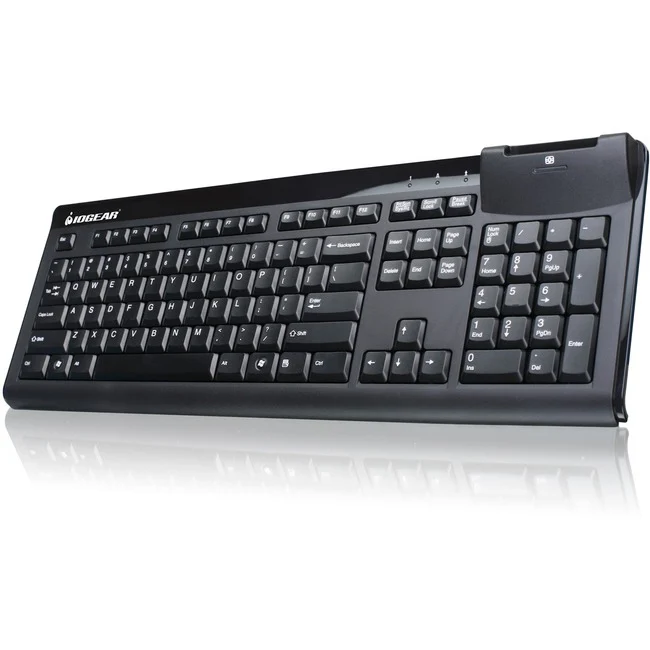 IOGEAR Smart Card (CAC) Reader Keyboard - Cable Connectivity - USB Interface - 104 Key - Computer - Smart Card Reader - PC - Black