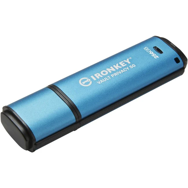 IronKey Vault Privacy 50 Series 256GB USB 3.2 (Gen 1) Type A Flash Drive - 256 GB - USB 3.2 (Gen 1) Type A - 230 MB/s Read Speed - 150 MB/s Write Speed - Blue - 256-bit AES - 5 Year Warranty - TAA Compliant