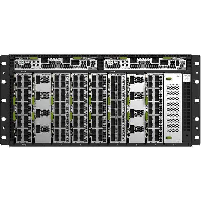 Juniper ACX7509 Router Chassis - 8 SFP (mini-GBIC), SFP+, QSFP28, QSFP56, QSFP56-DD, SFP56, QSFP28-DD, QSFP+, SFP28 Slots - 400 Gigabit Ethernet - IEEE 802.1ad, IEEE 802.1Q, IEEE 802.3ad - 5U - Rack-mountable, Cabinet Mount - 1 Year