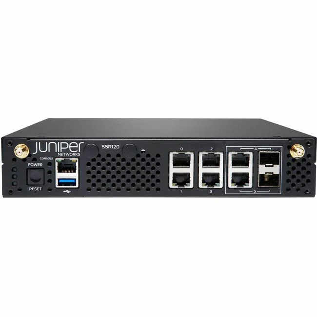 Juniper SSR120 Router - 6 Ports - 4 RJ-45 Port(s) - 2 SFP Slots - 8 GB - Gigabit Ethernet - Desktop - 1 Year