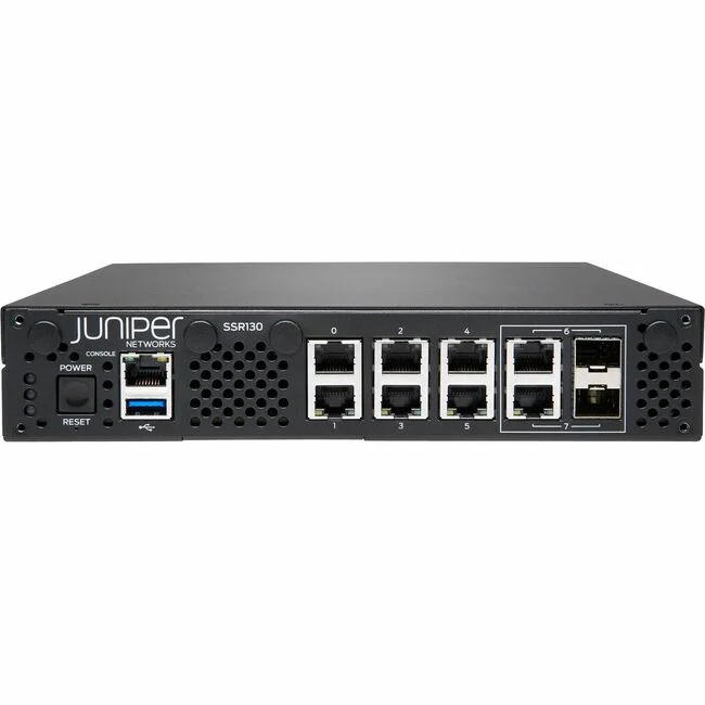 Juniper SSR130 Router - 8 Ports - 6 RJ-45 Port(s) - 2 SFP Slots - 16 GB - Gigabit Ethernet - Desktop - 1 Year