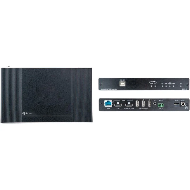 Kramer EXT3-TR Video Extender Transmitter/Receiver - 1 Input Device - 1 Output Device - 328.08 ft Range - 1 x Network (RJ-45) - 4 x USB - 1 x HDMI In - 1 x HDMI Out - 4K - Twisted Pair - Desktop