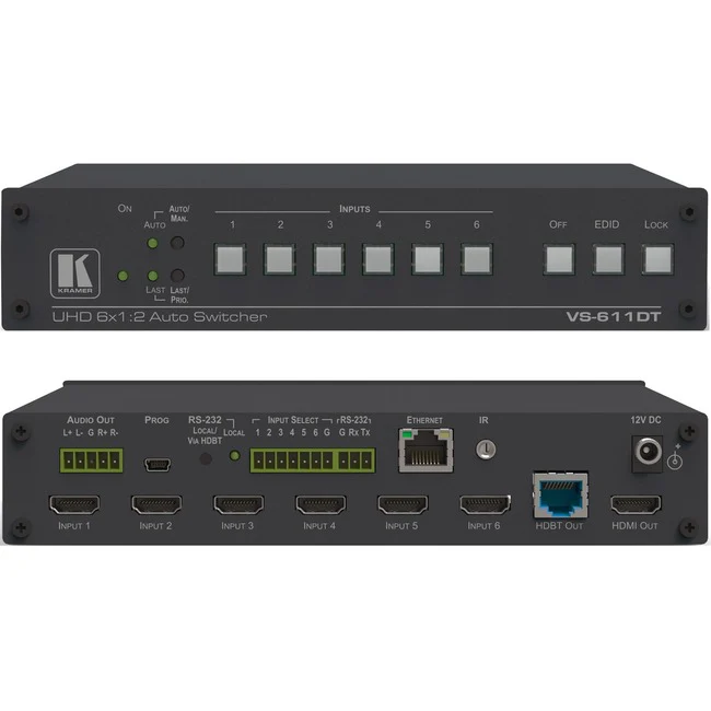 Kramer VS-611DT 6x1:2 4K60 4:2:0 HDMI Auto Switcher and PoE Provider over HDBaseT - 4K - Twisted Pair - 6 x 2 - Display - 6 x HDMI Out