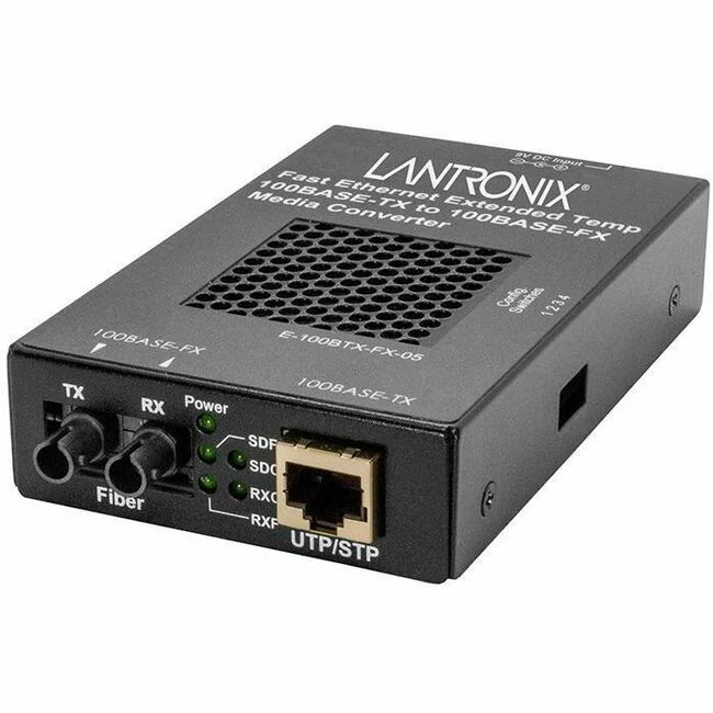 Lantronix E-100BTX-FX-05(HT) Transceiver/Media Converter - 1 x Network (RJ-45) - 1 x ST Ports - Multi-mode - 1300 nm Fiber - Fast Ethernet - 100Base-TX, 100Base-FX - 100 Mbit/s - 1.24 Mile - AC/DC - Standalone, Wall Mountable, DIN Rail Mountable, Shelf Mo