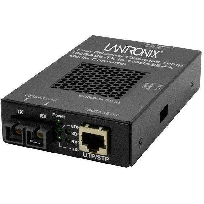 Lantronix E-100BTX-FX-05(SCHT) Transceiver/Media Converter - 1 x Network (RJ-45) - 1 x SC Ports - Multi-mode - 1300 nm Fiber - Fast Ethernet - 100Base-TX, 100Base-FX - 100 Mbit/s - 1.24 Mile - AC/DC - Standalone, Wall Mountable, DIN Rail Mountable, Shelf