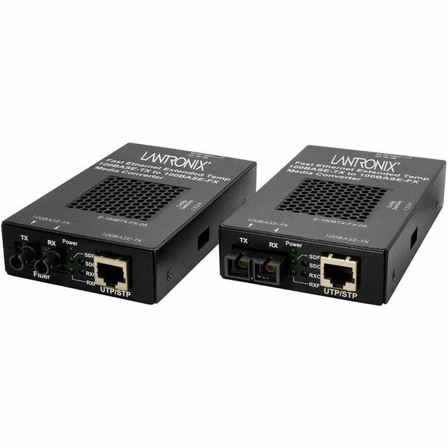 Lantronix E-100BTX-FX-05(SMHT) Transceiver/Media Converter - 1 x Network (RJ-45) - 1 x SC Ports - Single-mode - 1310 nm Fiber - Fast Ethernet - 100Base-FX, 100Base-TX - 100 Mbit/s - 12.43 Mile - AC/DC - Standalone, Wall Mountable, DIN Rail Mountable, Shel