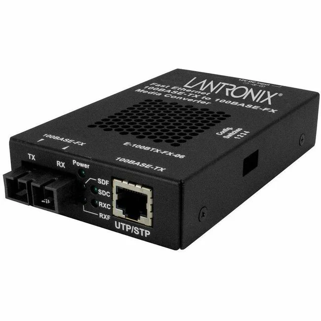 Lantronix E-100BTX-FX-06 Transceiver/Media Converter - 1 x Network (RJ-45) - 1 x SC Ports - Multi-mode - 1300 nm Fiber - Fast Ethernet - 100Base-FX, 100Base-TX - 100 Mbit/s - 1.24 Mile - AC/DC - Standalone, Rack-mountable, Wall Mountable, DIN Rail Mountab