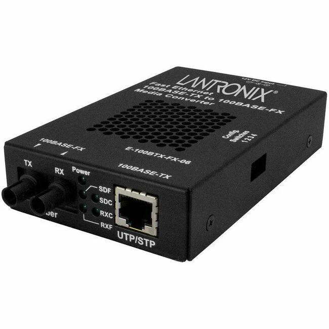Lantronix E-100BTX-FX-06 Transceiver/Media Converter - 1 x Network (RJ-45) - 1 x ST Ports - Multi-mode - 1300 nm Fiber - Fast Ethernet - 100Base-FX, 100Base-TX - 100 Mbit/s - 1.24 Mile - AC/DC - Standalone, Rack-mountable, Wall Mountable, DIN Rail Mountab