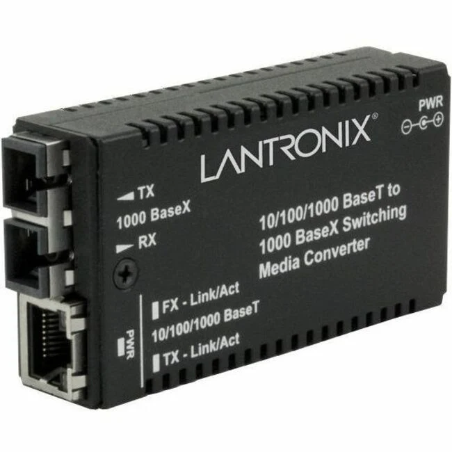 Lantronix M/GE-PSW-SX-01 Transceiver/Media Converter - 1 x Network (RJ-45) - 1 x SC Ports - Multi-mode - 850 nm Fiber - Gigabit Ethernet - 10/100/1000Base-T, 1000Base-SX - 1000 Mbit/s - 1804.46 ft - AC Adapter - Wall Mountable, DIN Rail Mountable, Rack-mo