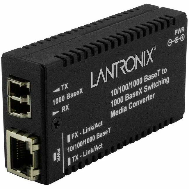 Lantronix M/GE-PSW-SX-01(LC) Transceiver/Media Converter - 1 x Network (RJ-45) - 1 x LC Ports - Multi-mode - 850 nm Fiber - Gigabit Ethernet - 10/100/1000Base-T, 1000Base-SX - 1000 Mbit/s - 1804.46 ft - AC Adapter - Wall Mountable, DIN Rail Mountable, Rac