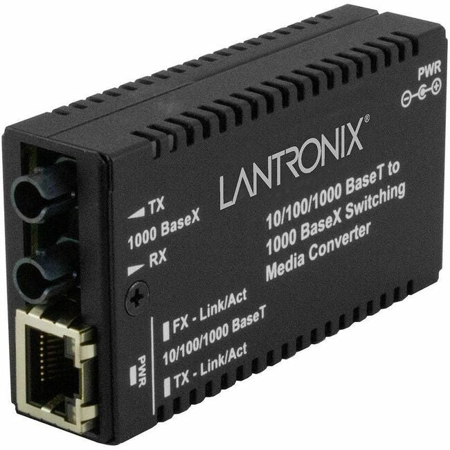 Lantronix M/GE-PSW-SX-01(ST) Transceiver/Media Converter - 1 x Network (RJ-45) - 1 x ST Ports - Multi-mode - 850 nm Fiber - Gigabit Ethernet - 10/100/1000Base-T, 1000Base-SX - 1000 Mbit/s - 1804.46 ft - AC Adapter - Wall Mountable, DIN Rail Mountable, Rac